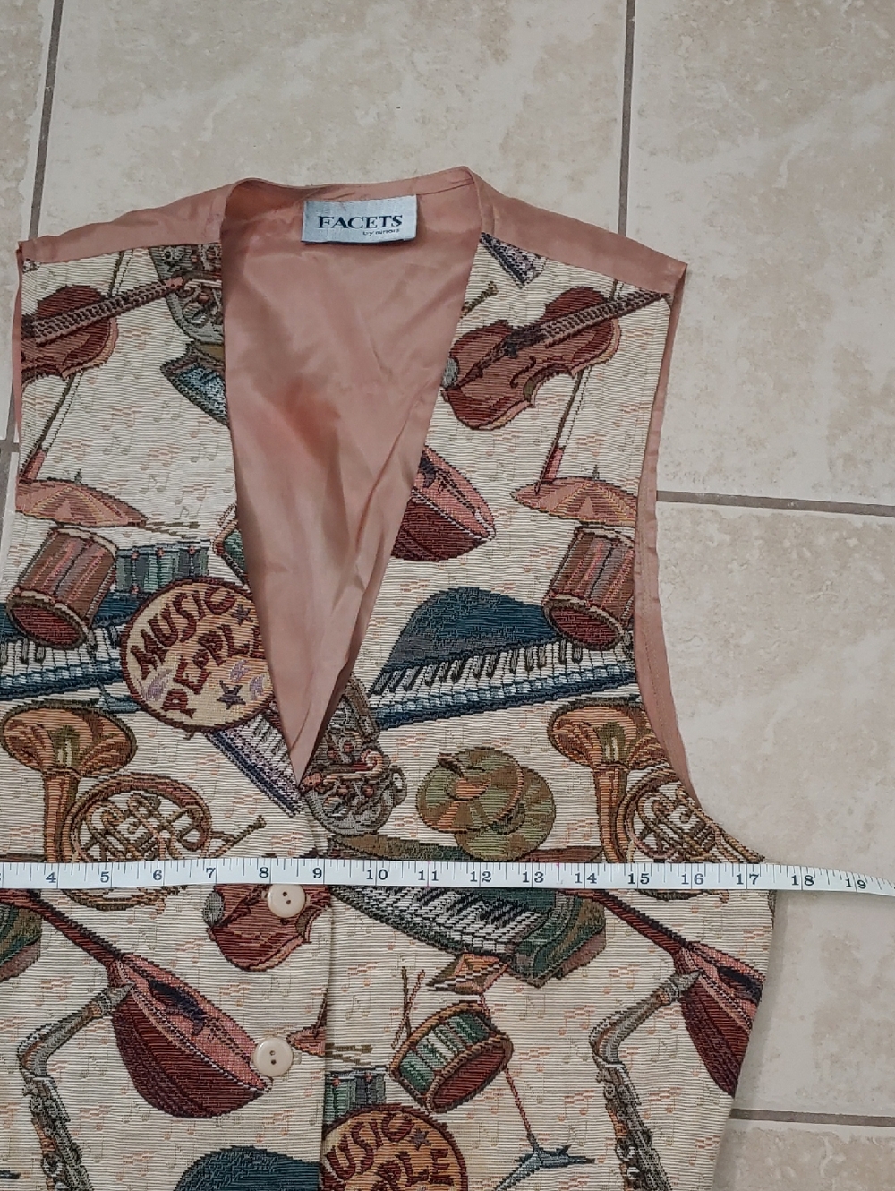 Vintage FACETS Tapestry Vest Musical Instruments Music Teacher Knit Size M - Picture 4 of 8